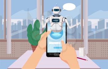 Hands Hold Smartphone Free Chat Bot, Robot Virtual Assistance On Smartphone Say Hello