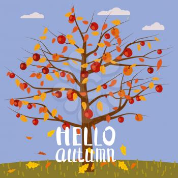Hello Autumn lettering Apple Tree fallen autumn leaves autumn landscape fall