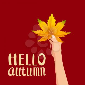 Hand hold autumn colorful leaf bright bouquet fall, floral. Hello Autumn lettering