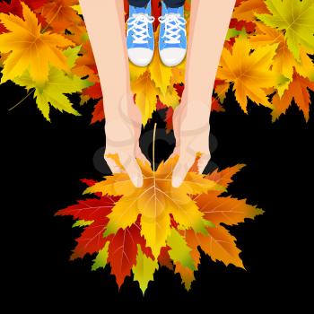 Hands hold autumn colorful leaves bright bouquet fall, floral. Hello Autumn lettering