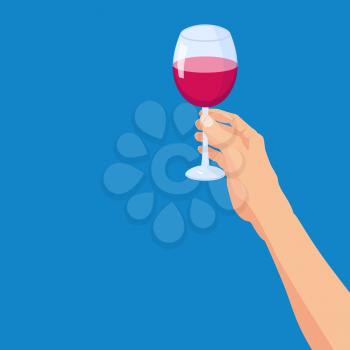 Hand holding a glass of red wine. Template vector illustration