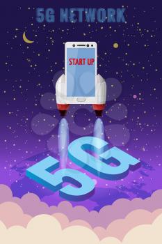 Smartphone rocket is flying in the sky start up. 5G internet new mobile wireless technology wifi connection