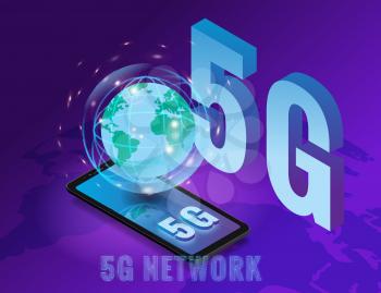 Isometric 5G network wireless technology template. Letters 5G smartphone with Earth planet