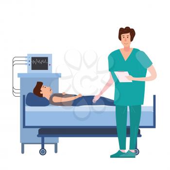 Medical doctor consulting patient in a medical bed