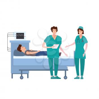 Medical team nurse and doctor consulting patient in a medical bed