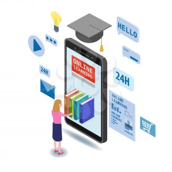 Online education isometric icons composition with little women taking books from smartphone