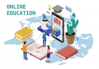 Online education isometric icons composition with little people taking books from smartphone