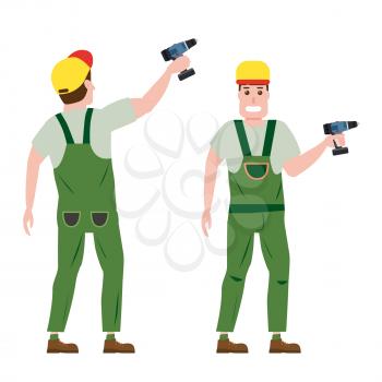 Industrial construction worker character with with a screwdriver tool, installer, front and side view