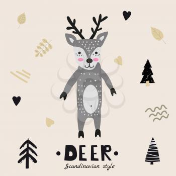 Deer cute funny character. Childish vector illustration in scandinavian style