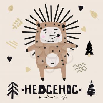 Hedgehog cute funny character. Childish vector illustration in scandinavian style