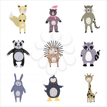Set cartoon cute animals for kids in scandinavian style