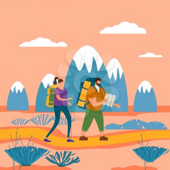 Tourists cute couple in love performing outdoor touristic activity - adventure travel, hiking walking trip