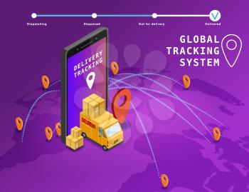Global tracking system Delivery service online isometric design with smartphone, truck, boxes on map Earth