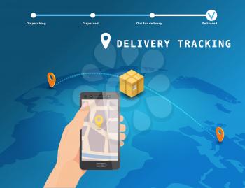 Delivery Global tracking system service online isometric design with markers cargo box on map Earth