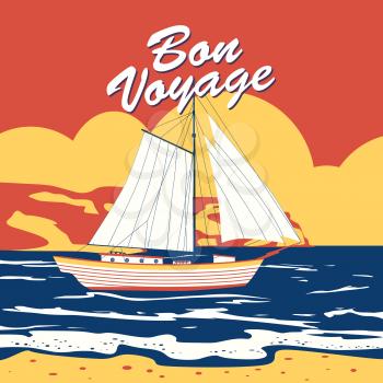 Sailing ship banner retro vintage pop art with text Bon Voyage