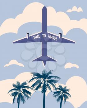 Time to Travel poster holiday summer vacation. Plane bottom view palms sky clouds vintage retro