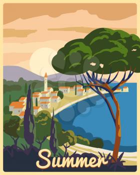 Travel poster retro old city Mediterranean sea vacation Europe