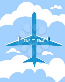 Time to Travel poster holiday summer vacation. Plane bottom view sky clouds vintage retro