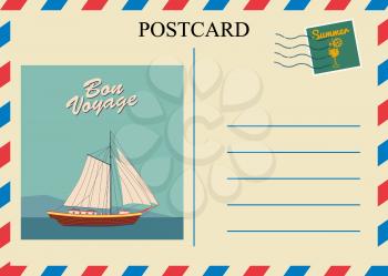 Postacrd summer vintage Sailboat ocean. Vacation travel design card with postage stamp