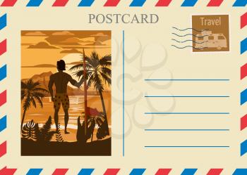 Postacrd summer vintage surfer beach ocean. Vacation travel design card with postage stamp