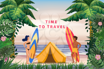 Surfers with boards and a beach tent are relaxing on the coast. Surfing man and woman travel to exotic resorts, palm trees, island, tropical. Vector, illustration