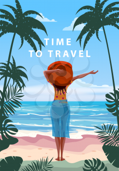 Time to travel. Tourist tent camping on the tropical beach, palms. Summer vacation coastline beach sea, ocean, travel. Vector poster banner, illustration