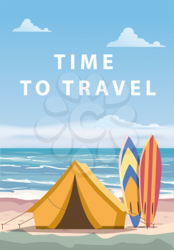 Time to travel. Tourist tent camping on the tropical beach, surfboards, palms. Summer vacation coastline beach sea, ocean, surfing, travel. Vector poster banner, illustration