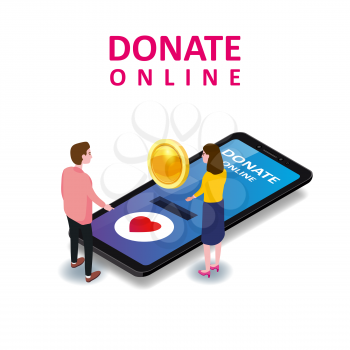 Donating online payments consept. Isometric smartphone tiny people woman man gold coin button.