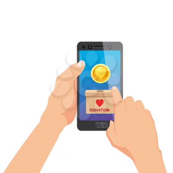 Donating money by online payments consept. Gold coin and donate box button on smartphone screen