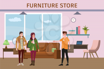 Furniture shop interior mall business. Couple man and woman and assistant buyer. Sofa, chairs, armchairs, bookshelf, plants and decoration. Vector illustration isolated flat cartoon style