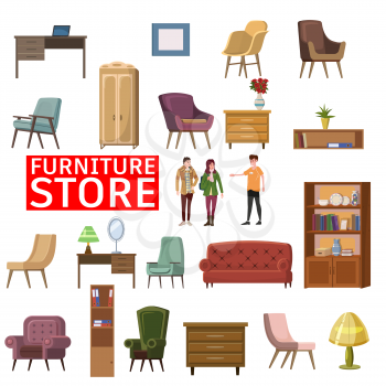 Furniture shop interior set of furniture and home accessories. Sofa, chairs, armchairs, bookshelf, plants, lamps, table and decoration. Vector illustration and decoration. Vector illustration isolated flat cartoon style