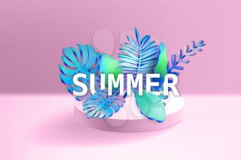 3D Tropical leaves scene podium with text Summer, botanical background. Render vector foliage pedestal, stage illustration template banner