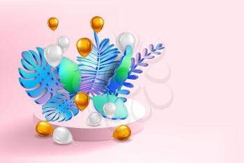 3D Tropical leaves scene podium, botanical background. Render vector foliage, pedestal, stage illustration template banner