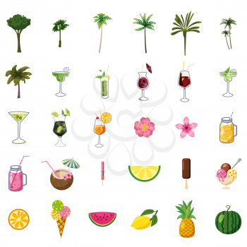 Summer set elements ice cream, drinks, palms, fruits, flowers. Collection icons for cards, poster, sticker. Vector cartoon style illustration isolated