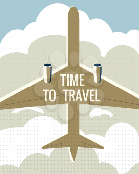 Time to Travel Plane in the sky. Vintage Summer Holiday poster, banner. Vector illustration