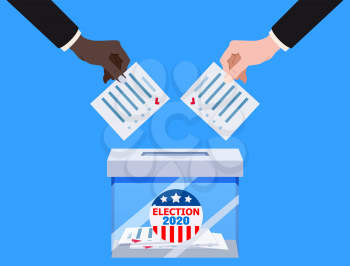 The US presidential election 2020. Hands putting voting blancs papers in vote box transparent