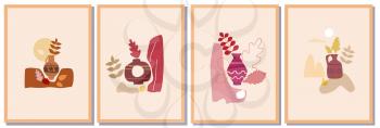 Set Autumn trendy card collage. Minimal shapes vase colour pastel flora