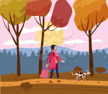 Young woman walks the dog in the autumn park path. Trendy fashionable look with pet, fall mood. Vector illustration banner isolated