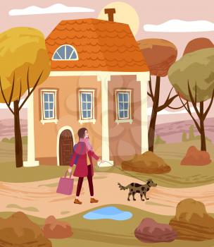 Young woman walking dog in the autumn city park. Autumn fall mood. Vector illustration banner, poster, banner, postcard, template