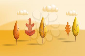 Autumn landscape trees leaves 3D yellow, red, brown, orange colors. Fall nature, clouds. Minimal 3d render plasticine, vector illustration banner, poster template