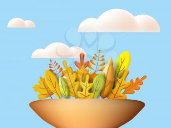 Autumn leaves 3D yellow, red, brown, orange colors. Fall bouquet in vase, white cloud. Minimal 3d render plasticine, vector illustration banner, poster template
