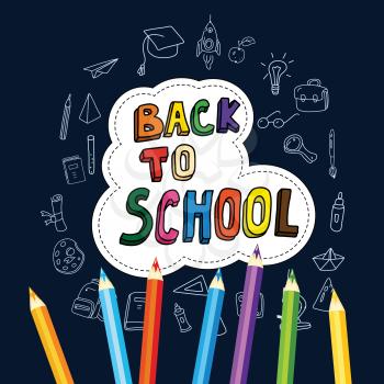 Back to school, poster with doodles drawn by hand, set of school icons, banner, invitation cards