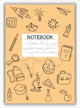 Cover Notebook school doodles icons hand drawn. Template cover for diary, broshure, poster, sketchbook. Vector illustration isolated