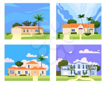 Collection Residential Home Buildings in landscape tropic trees, palms. House exterior facades front view architecture family cottages houses or mansions apartments, villa. Suburban property, vector illustration cartoon flat style