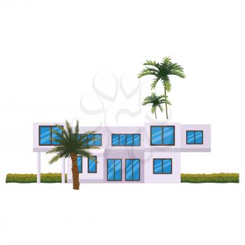 Mansion Residential Home Building, tropic trees, palms. House exterior facades front view architecture family modern contemporary cottage house or apartments, villa. Suburban property, vector illustration cartoon flat style