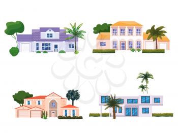 Mansion Residential Home Buildings, tropic trees, palms. House exterior facades front view architecture family modern contemporary cottages houses or apartments, villa. Suburban property, vector illustration cartoon flat style