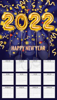 Calendar 2022 gold balloons 3d numbers, confetti, foil. 12 month week starts on Sunday, template vector illustration isolated