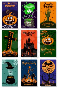 Set Halloween holiday greeting card merry pumpkin, spider, web, deads, witch, cemetery. Template banner, flyer poster vector illustration