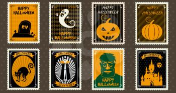 Happy Halloween Set Postage Stamps with pumpkin, ghost, Wampire, zombie, castle, black cat grave