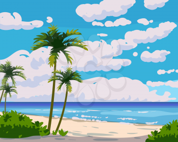 Tropical Island beach summer resort, seashore sand, palms, waves. Ocean, sea exotical beach landscape, clouds, nature. Vector illustration isolated